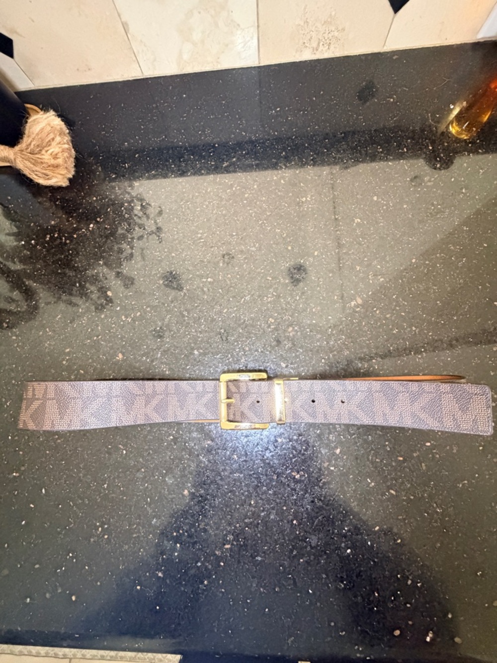 Michael Kors Monogram Leather Belt with Gold Buckle, (reversable to all brown)